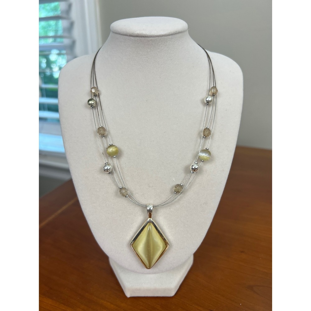 Vintage Multi Strand Yellow Cats Eye Diamond Pendant Illusion Necklace Silver